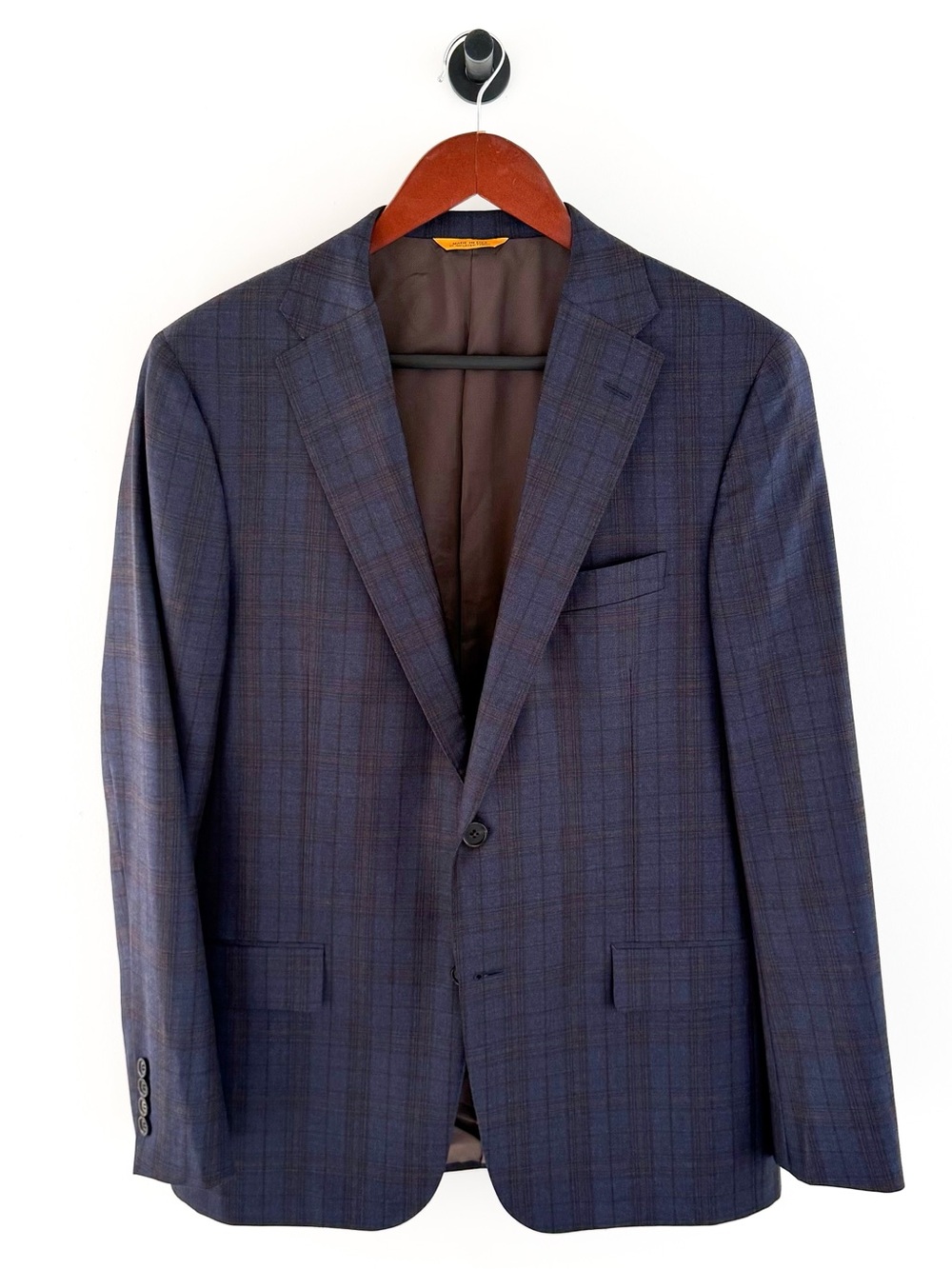 Hickey Freeman Traveler Men's Wool Navy Brown Plaid Two-Button Sport Coat Blazer